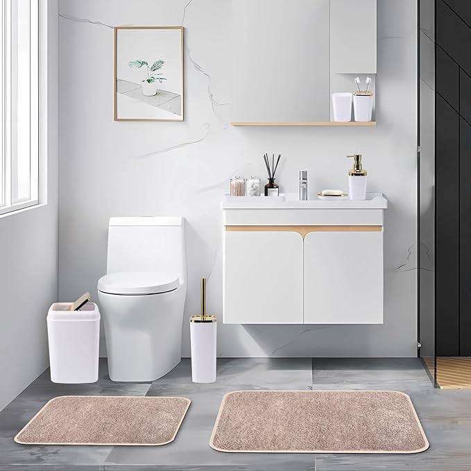 Bathroom Accessory Set–Bathroom Set with Shower Curtain and Rugs, No Slip Bathroom Rugs Super Absorbent,White Ombre Waterproof Shower Curtain with Hooks, White Bathroom Sets Complete for Home