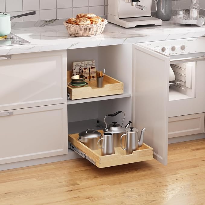 Wood Pull Out Cabinet Organizer 11" W x 21" D, for 12" Cabinet Opening Heavy-Duty Sliding Drawers for Inside Cabinets Storage and Organization for Kitchen