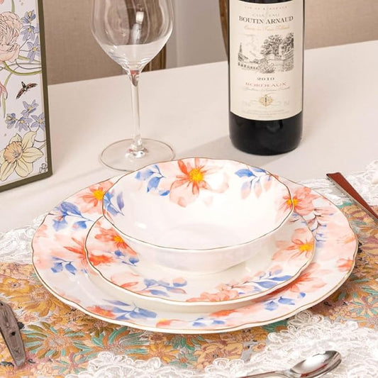 Exquisite ceramic tableware 3 Piece Bone China Modern Round Dishes Sets,Dinnerware dishset for Kitchen,Dinner Plate,Dessert Plate,Soup Bowl,Red flowers