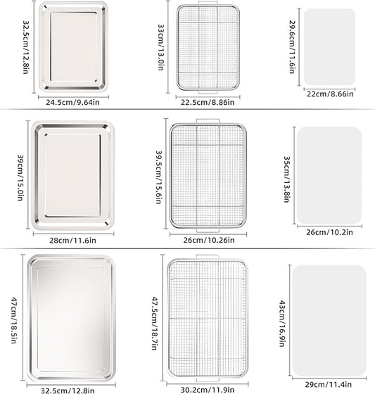 Air Fryer Basket for Oven, 3 Set Stainless Steel Oven Air Fryer Basket and Tray with 90 PCS Parchment Papers, OPENICE Air Fryer Pans and Crisper Tray - 18.7" x 12.8", 15.6" × 11.6" & 12.8" × 9.6"