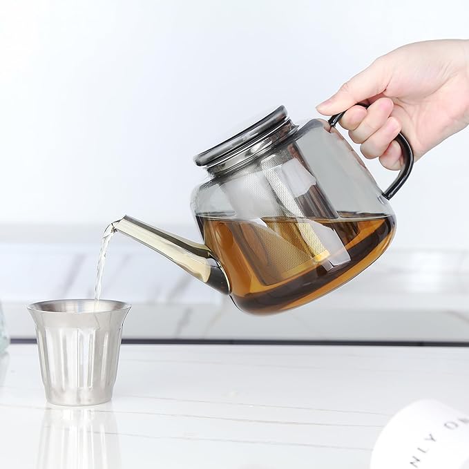 Easyworkz Borosilicate Glass Teapot 50oz with Large Stainless Steel Removable Loose Tea Infuser for Fruit Herbal and Infusion, Smoke Grey