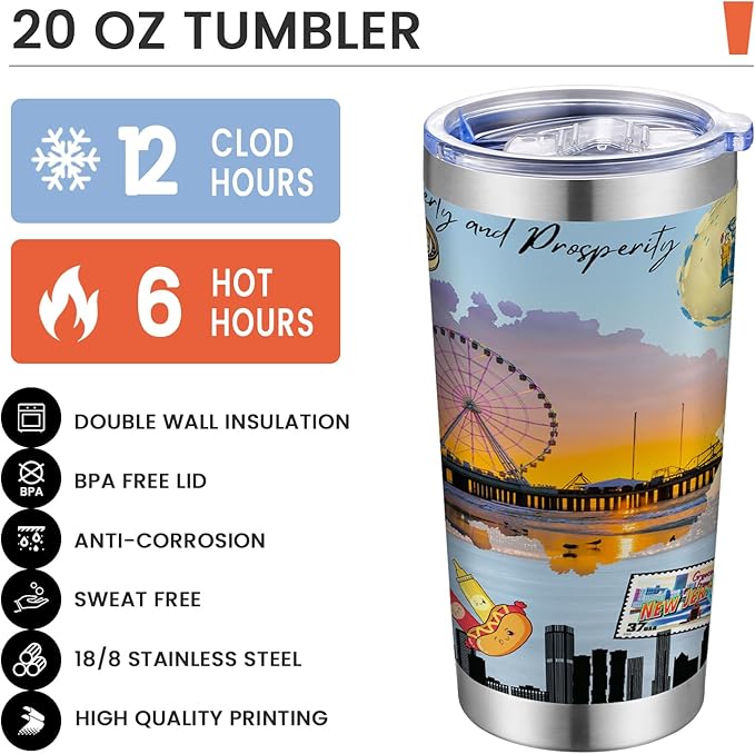 20oz Insulated Tumbler New Jersey State Coffee Mug, United States Map Travel Mug Landmark, Birthday Gifts Cute Custom Tumbler Cups with Lid and Straw Gifts for Mom