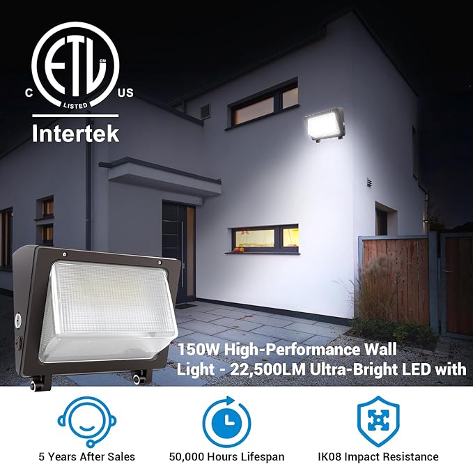 JTT 150W LED Wall Pack Light with Dusk to Dawn Photocell,22500LM 5000K Daylight IP65 Waterproof WallPack Lights Outdoor LED [Eqv. 1200W HPS/HID] for Parking Lot,Warehouse,Yard ETL-2Pack