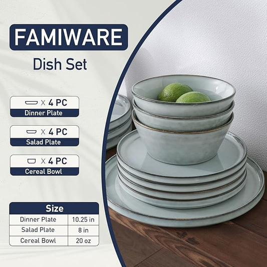 Famiware Annecy Plates and Bowls Sets, Stoneware Dinnerware Sets for 4, 12 Pieces Dish Set with Lipped Edges, Chip and Scratch Resistant, Microwave and Dishwasher Safe, Grey-Blue