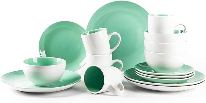 Stoneware Coupe Shape 16pc Dinnerware Set, Outside White + Inside Teal