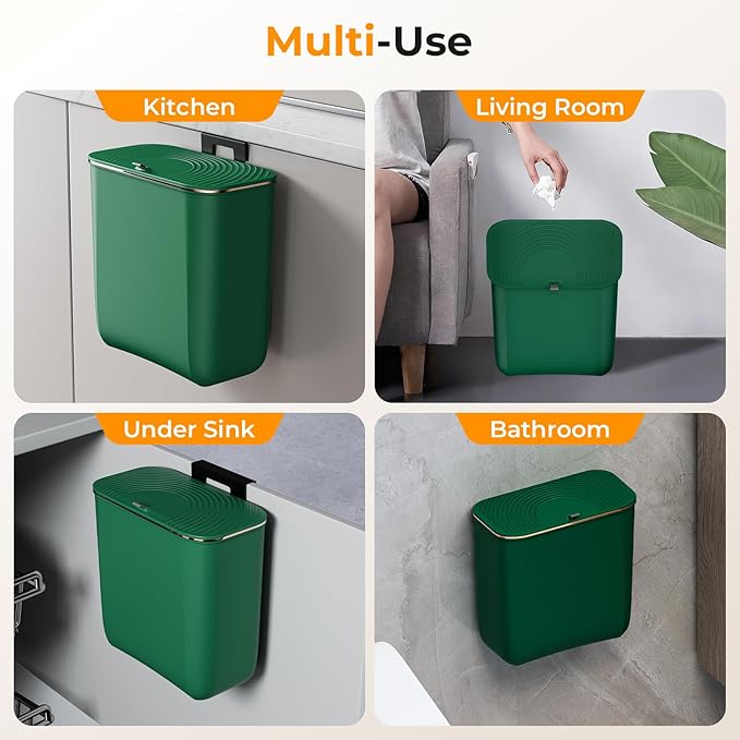 2.4 Gallon Hanging Trash Can - Small Under Sink Trash Can with Lid, Wall Mounted Compost Bin for Kitchen Cupboard Countertop, Odor-Control, Extended Clamping Ring, PET Material, Green