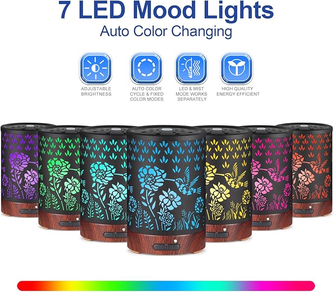 Essential Oil Diffuser- Aromatherapy Diffuser with7 Colors Light and Auto-Off for Women Metal Cool Mist Humidifier for Home and Office for Mom Women(Hummingbird)