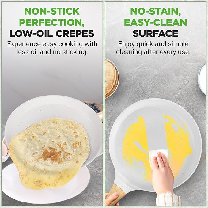 Nutrichef 2-Pack Non-Stick Crepe Pan Set – 11” Marble Coated Dosa Pans with Wooden Spreaders, Bakelite and Wood Handles, Induction-Compatible, Easy-to-Clean, Stain-Resistant, White Cream Marble