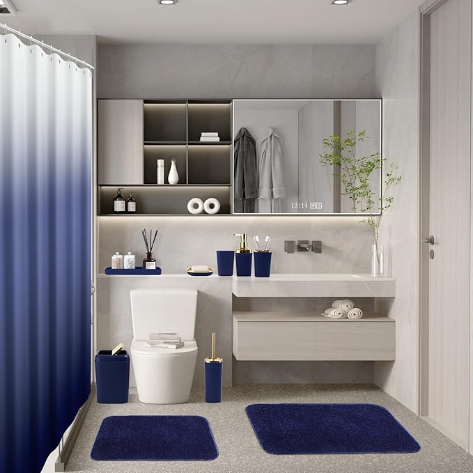 Bathroom Set - Navy Blue Bathroom Sets with Shower Curtain and Rugs, 24PCS Shower Curtain Set with Hooks, Soap Dispenser, Soap Dish, Toilet Brush Holder and Trash Can for Housewarming