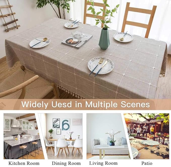 Deep Dream Tablecloths, Embroidered Waterproof Table Cloth Cotton Linen Wrinkle Free Anti-Fading Table Cover Decoration for Kitchen Dinning Party Christmas, 55 x 140 Inch - Light Brown