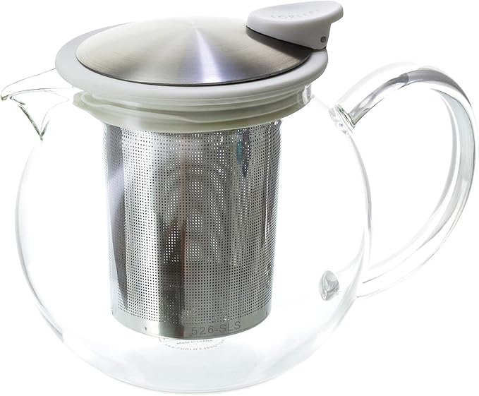 FORLIFE Bola Glass Teapot with Basket Infuser, 25oz./750ml., White