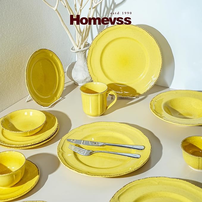 56pc Dinnerware Set, Plate and Bowl Set, Stoneware Dishes Set for 8, Microwave and Dishwahser Safe, Scratch Resistant, French Countryside Speckled Antique Yellow