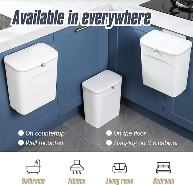 Domiella 2.4 Gallon Hanging Trash Can with Lid, Kitchen Compost Bin for Countertop or Under Sink, Mountable Food Waste Bin with Sealed Lid for Cabinet, Cupboard, Bathroom, or RV (White)