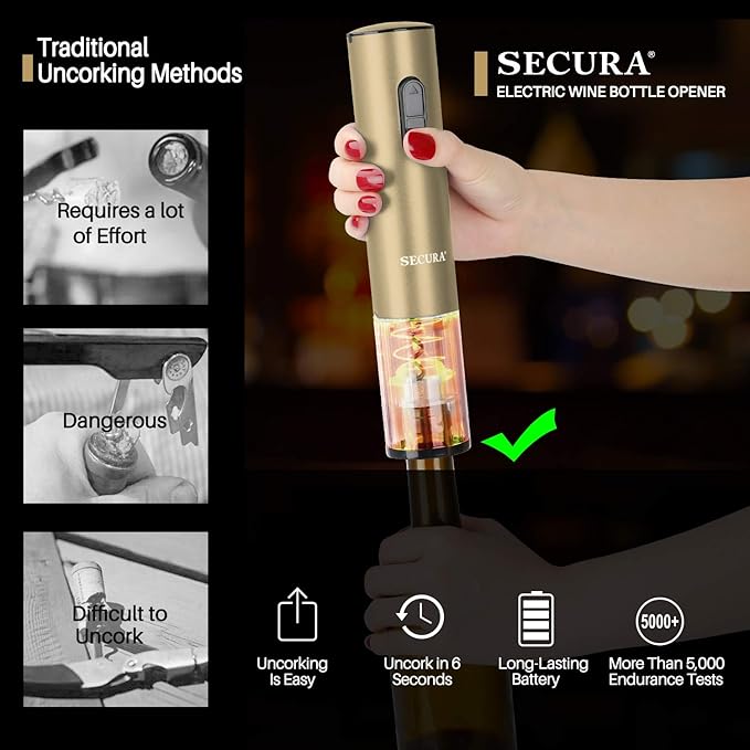 Secura Electric Wine Opener, Automatic Bottle Corkscrew Opener with Foil Cutter, Rechargeable (Champagne Gold)
