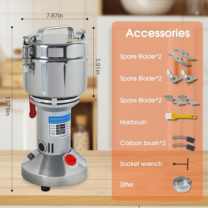 750g Electric Grain Mill Grinder, 2000W High-Speed Stainless Steel Dry Food Grinder, for Grains, Spices, Seeds, Coffee, Herbs & More, Commercial & Home Kitchen Use (28000 RPM, One-Touch Operation)