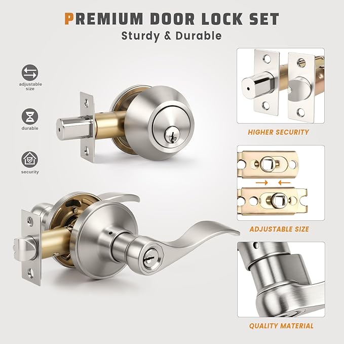 KNOBWELL 3 Pack Satin Nickel Keyed Alike Front Entry Door Lock Set, Single Cylinder Deadbolt and Lever Handle Combination for Exterior/Interior Doors
