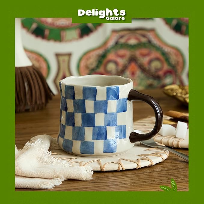 Retro Checkered Ceramic Coffee Mug 16Oz - Extra Large Handle, Microwave Safe Vintage Patterned Tea Cup for Home, Office Blue and White Checkered Pattern, Brown Handle