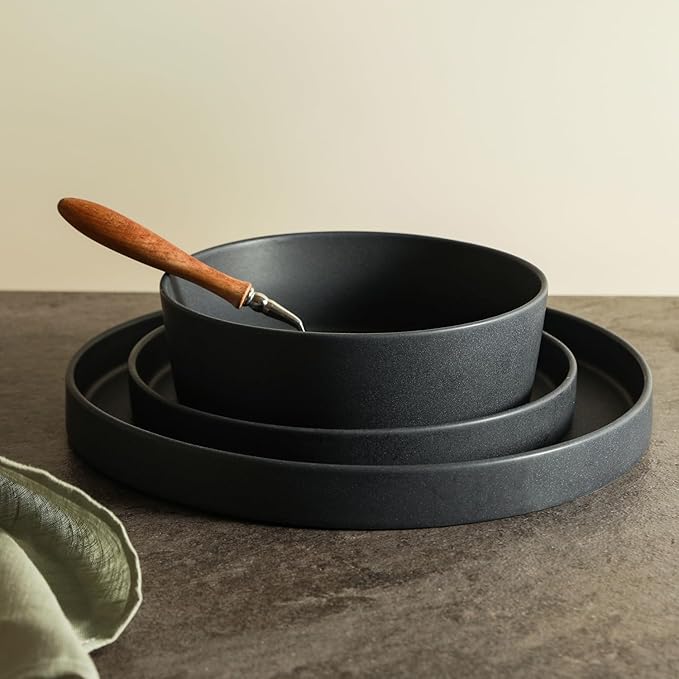 Stone by Mercer Project MODAN 12-Piece Stoneware Dinnerware Set, Plates and Bowls Sets, Dish Set for 4, Charcoal