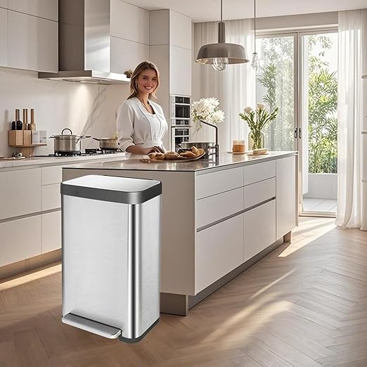 13 Gallon Stainless Steel Trash Can with Removable Inner Bucket, Soft Close & Stay Open Lid, Step-on Pedal – Modern Kitchen Garbage Can for Home, Office, or Commercial Use