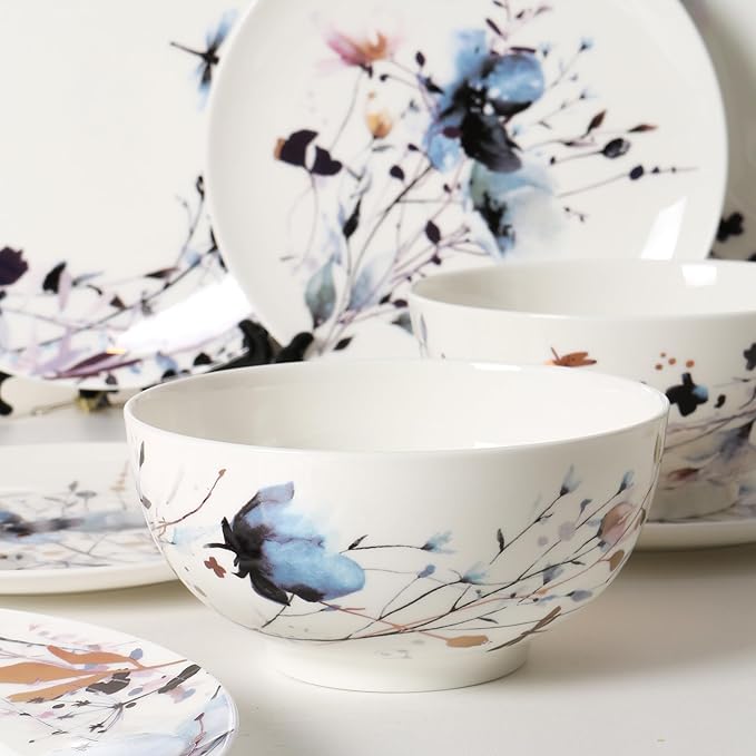 KOKEN Blue Dragonfly Ceramic Dinnerware Set - 4 Piece Plates and Bowls, Microwave Safe