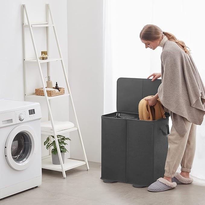 Lifewit Double Laundry Hamper with Lid and Removable Laundry Bags, Large Collapsible 2 Dividers Dirty Clothes Basket with Handles for Bedroom, Laundry Room, Closet, Bathroom, College, 136L Black