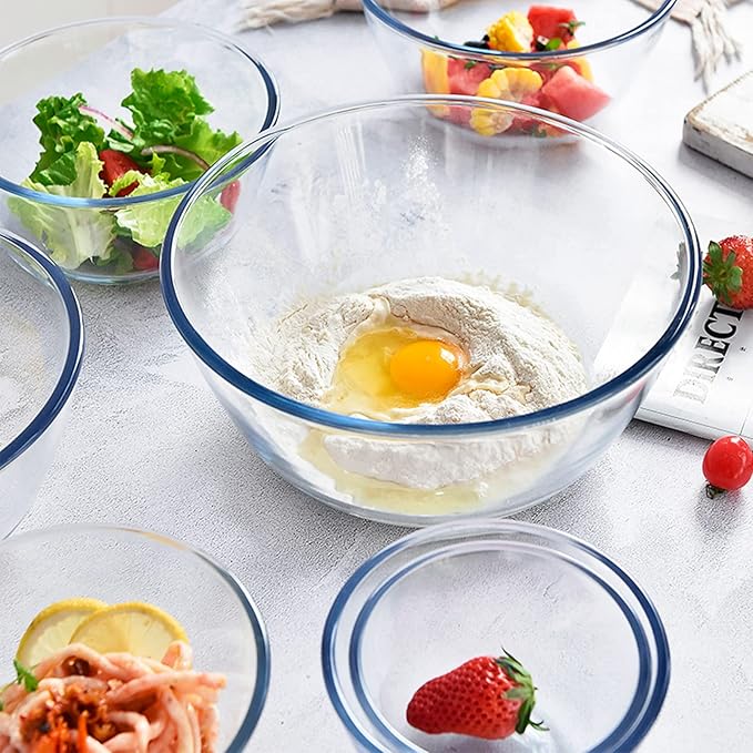 KOMUEE Glass Mixing Bowls with Lids Set, 4-Piece Nesting Kitchen Bowls for Salad, Serving, and Baking, Oven Safe Glass Bowl