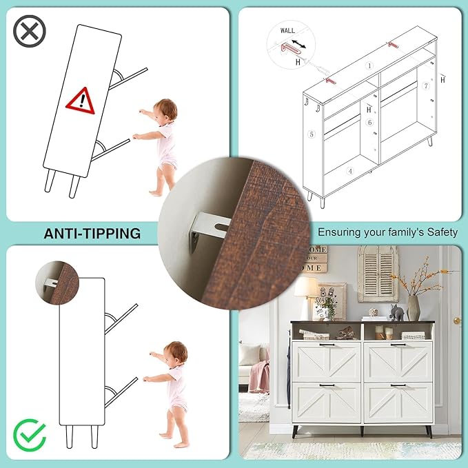 Shoe Storage Cabinet,Farmhouse Shoe Organizer with 4 Flip Drawers & Barn Door Design,Freestanding Hidden Slim Narrow Shoe Rack with Open Shelves for Entryway,Foyer,Hallway,Antique White