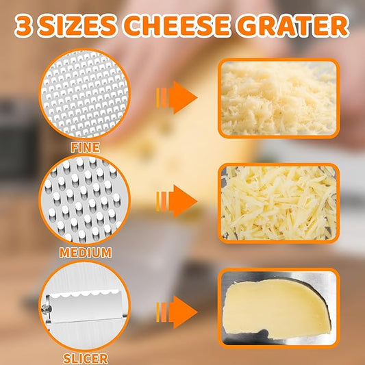 3-in-1 Handheld Cheese Grater Set for kitchen - Adjustable Slicer, Grater and Shredder with Tray - 430 Stainless Steel for Cheese, Butter, Vegetables, Chocolate, Dishwasher Safe