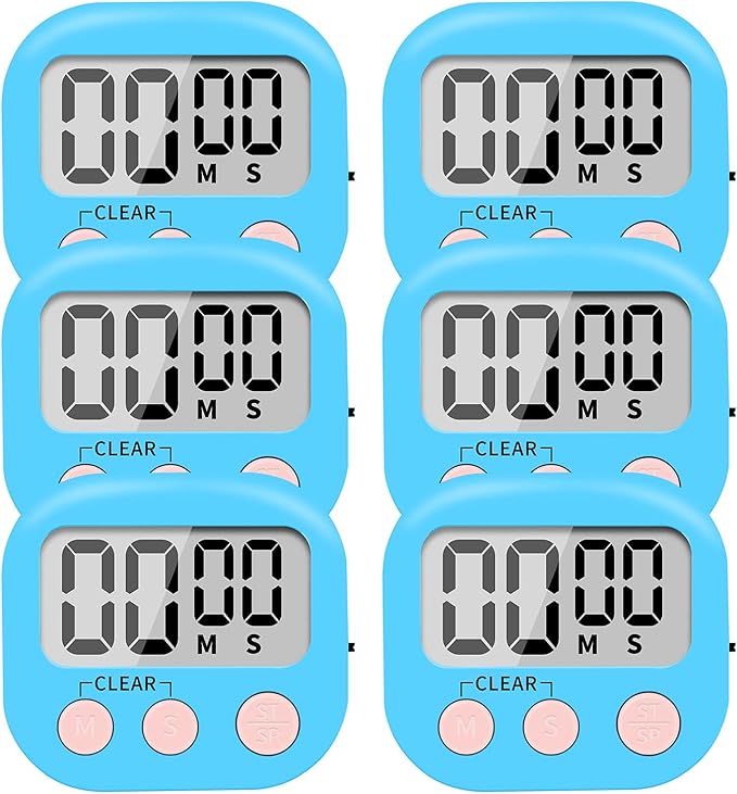 6 Pack Small Digital Kitchen Timer Magnetic Back and ON/Off Switch,Minute Second Count Up Countdown (Blue)