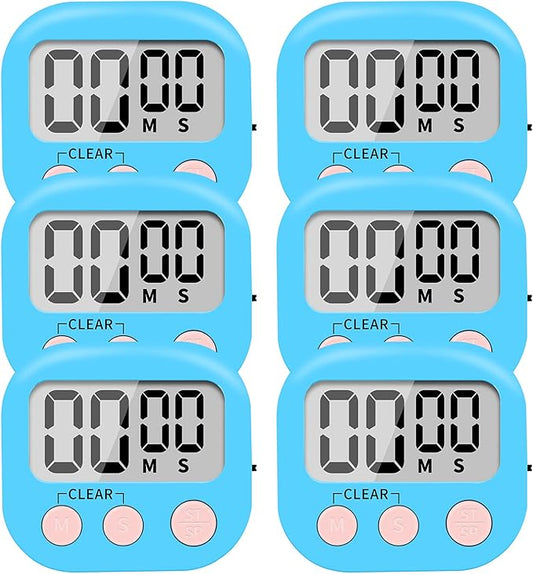 6 Pack Small Digital Kitchen Timer Magnetic Back and ON/Off Switch,Minute Second Count Up Countdown (Blue)