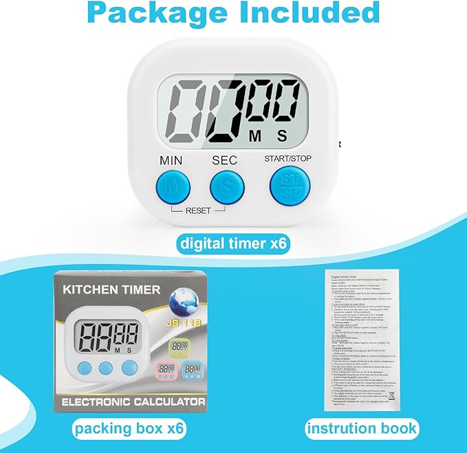 6 Pack Digital Kitchen Timer Multi-Function Magnetic Timers Classroom Timer for Kids Loud Alarm Big LCD Display Electronic Count Up Countdown Timers for Cooking, Classroom, Exercise, Meeting, White