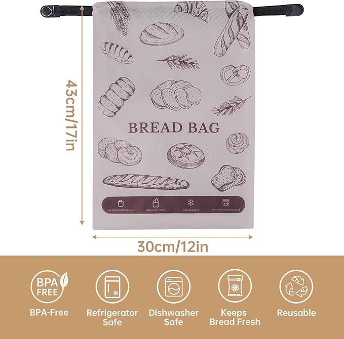 NiHome 2PCS Reusable Bread Storage Zipper Bags for Homemade Bread, 17"x12" Large Capacity Bags, Freezer Storage Zipper Bag, Double-Layer Protection with Waterproof & Oil-Resistant Lining