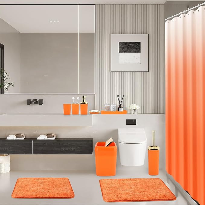 Bathroom Set - Orange Bathroom Sets with Shower Curtain and Rugs, 24PCS Shower Curtain Set with Hooks, Soap Dispenser, Soap Dish, Toilet Brush Holder and Trash Can for Housewarming