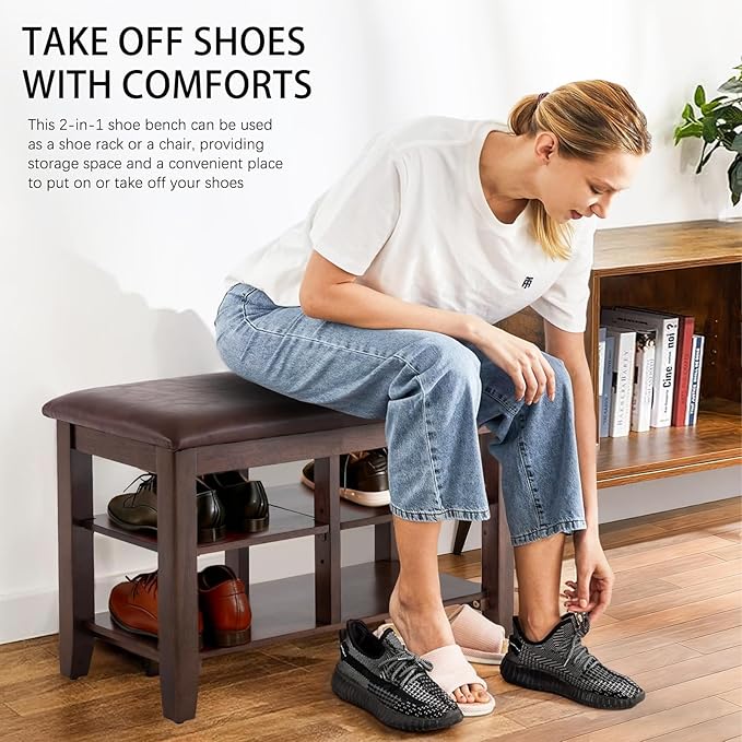 PY HOME & SPORTS Shoe Rack for Entryway 23.6": 2-Tier Shoe Storage Bench, Adjustable/Removable Shelves, Rubberwood Shoe Benches for Hallway, Porch, Bathroom, Brown