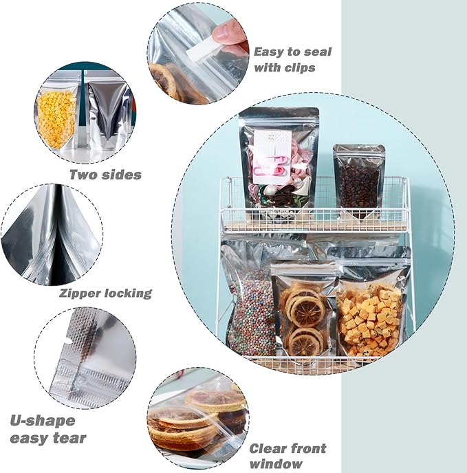 150-pack 4.7" x 7.9" Stand Up Mylar Bags with Clear Window Resealable Silver Aluminum Foil Pouches for Food Storage Smell Proof Edible Packaging Bag for Cookies and Small Business Bulk