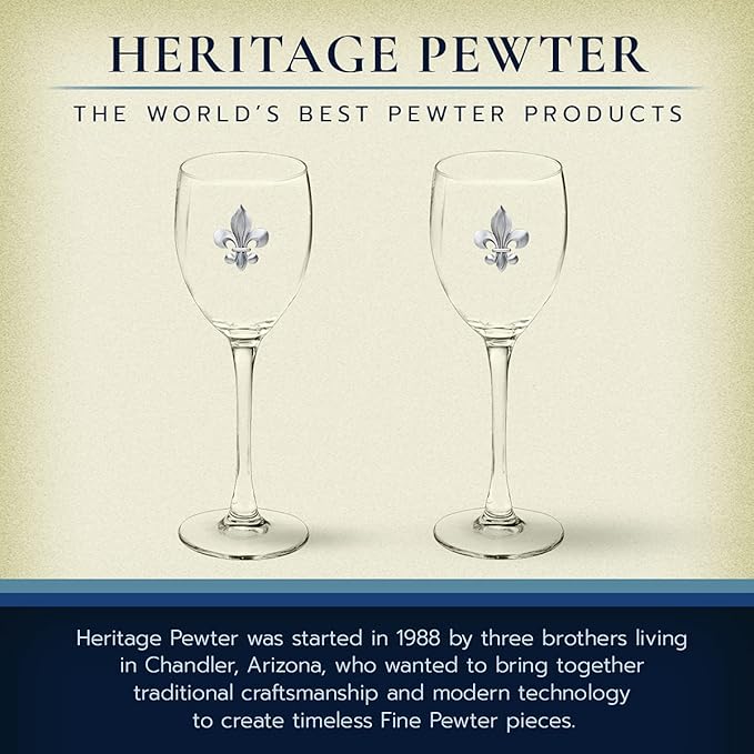 Heritage Pewter Fleur de Lis Glass Goblets – Set of 2 | 12 OZ Goblet Wine Glasses | Expertly Crafted Pewter Glass