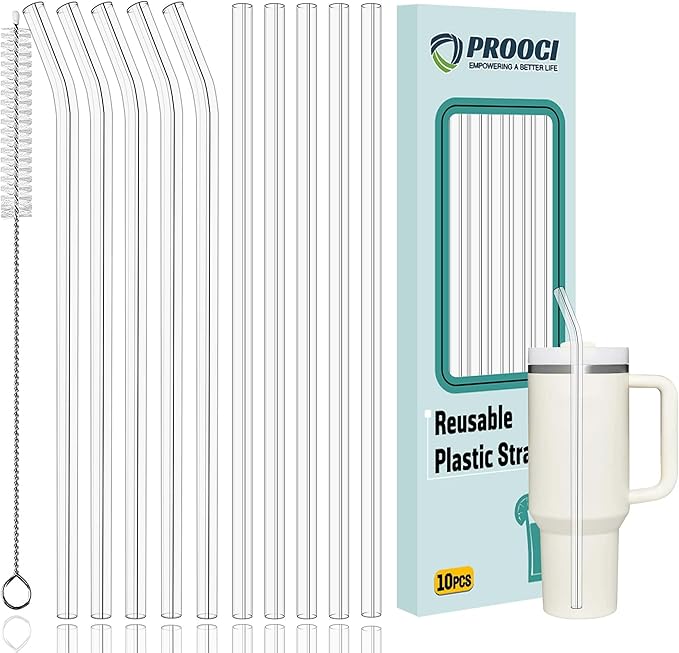 PROOCI 10-Pack 12" Replacement Straws for Stanley & Yeti 30oz-40oz Cup Tumbler, Food Grade Tritan Plastic Reusable Straws with Cleaning Brush, Clear Long Straw for Drinking Smoothie, Cocktails, Juice