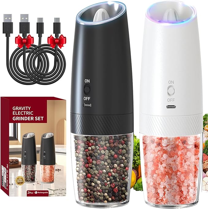 Gravity Electric Pepper and Salt Grinder Set, Adjustable Coarseness, With LED Light, One Hand Automatic Operation, 2 Pack (Black and white)