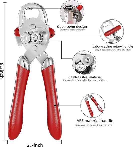 Multi-function Manual Can Opener Bottle Opener, Oversized Hand-held Easy Rotary Knob, Safe Cut Can Opener with Non-Slip Handle, Smoother Cut Sharp Blade for Seniors Kitchen Tool, Red