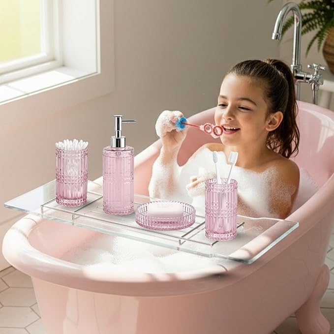 Escenzy Pink Bathroom Accessories Set 4 Pcs | Premium Glass Soap Dispenser and Toothbrush Holder Set, Qtip Holder, Soap Tray | Bathroom Counter Organizer Essentials | Modern Bathroom Set (Pink)