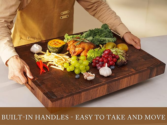 AZRHOM Extra Large Thick Walnut Wood End Grain Cutting Board 24x18x2 In, Wooden Butcher Block, Chopping Board For Kitchen with Juice Groove Handles Non-Slip Pats (Gift Box)