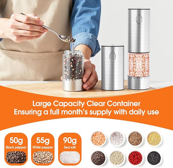 WOWBOX Electric Salt and Pepper Grinder Set 2 PCS, Stainless Steel Automatic Coarseness, Rechargeable Salt and Pepper Shakers, 95 L Large Capacity Multifunctional Pepper Mill, for Kitchen
