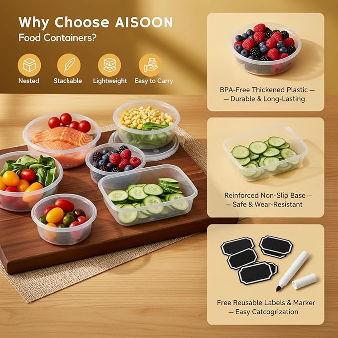 AISOON 40 Pcs 85oz Large Food Storage Containers with Lids, Reusable Meal Prep Containers for Kitchen Pantry Storage, Airtight Leakproof & BPA-Free, Freezer, Microwave & Dishwasher Safe