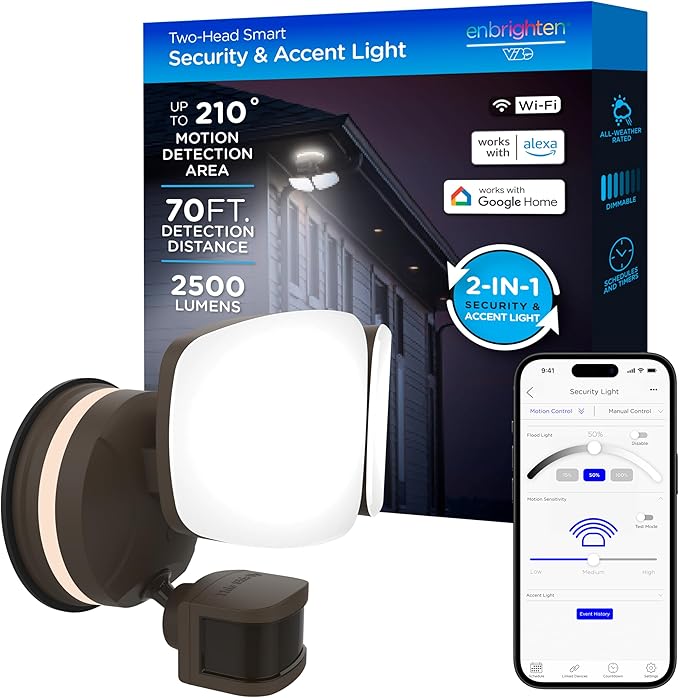 Enbrighten 58243-S1 Outdoor 2-Head Motion-Sensing Back Lit Wi-Fi LED Security Light, Bronze