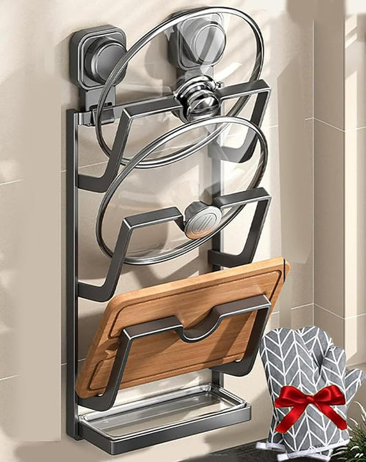 Kitchen Pot Lid Storage Rack, 2026 New Upgrade Kitchen Pot Lid Storage Rack with Tray For Counter, Three Layer Multifunctional Kitchens Pots Lids Holder Organizer (Gray, Triple - Suction Cup)