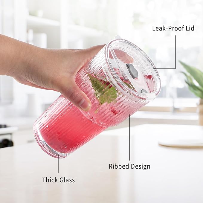 20oz Glass Cups with Lids and Straws, Premium Thick Ribbed Drinking Glass Tumbler Set for Iced Coffee, Smoothies, Cocktails, Beer and Juice, Clear, 4 Pack