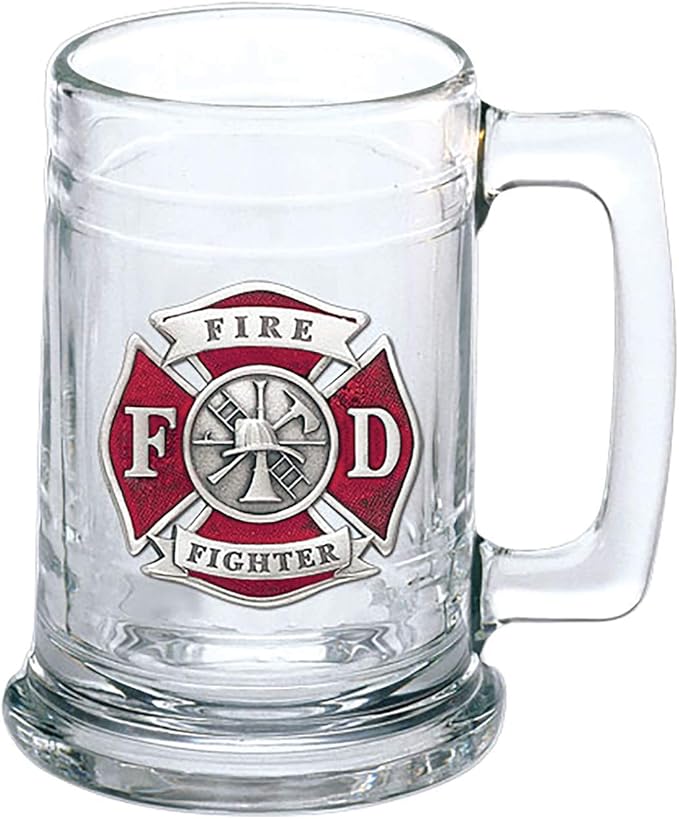 Heritage Pewter Firefighter Beer Stein Glass | 15 Ounce German-Style Beer Glass | Intricately Crafted Metal Pewter Alma Mater Inlay