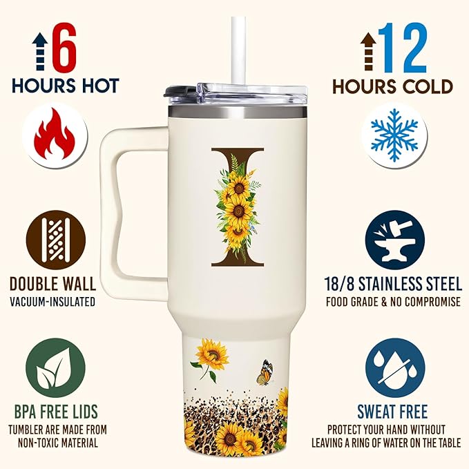 Personalized Birthday Gifts For Women - Sunflowers Monogrammed Cup For Boss Day, Christmas - Customized Gifts For Women, Mom, Wife, Coworkers, Boss Lady, Her - Custom Tumbler With Handle 40oz