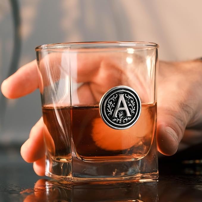 Personalized Whiskey Glass with Metal Initial – 10.5oz Premium Rocks Glass for Bourbon Scotch – Custom Engraved Letter Gift for Men Dad Groomsmen