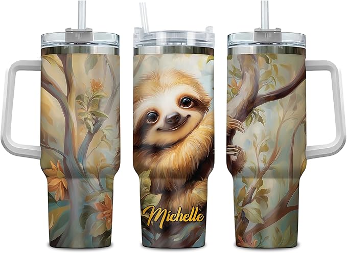 Personalized Sloth 40oz Tumbler with Handle and Straw Gifts for Animal Lovers, Sloth Lovers Cup for Women Girl, Cute Animal Birthday Christmas Gift, Custom Name Stainless Steel Travel Cup